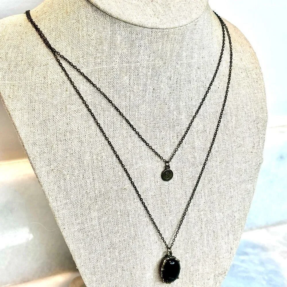 LA Double Strand Layered Stone & Metal Pendant Signed Necklace Bronze 28